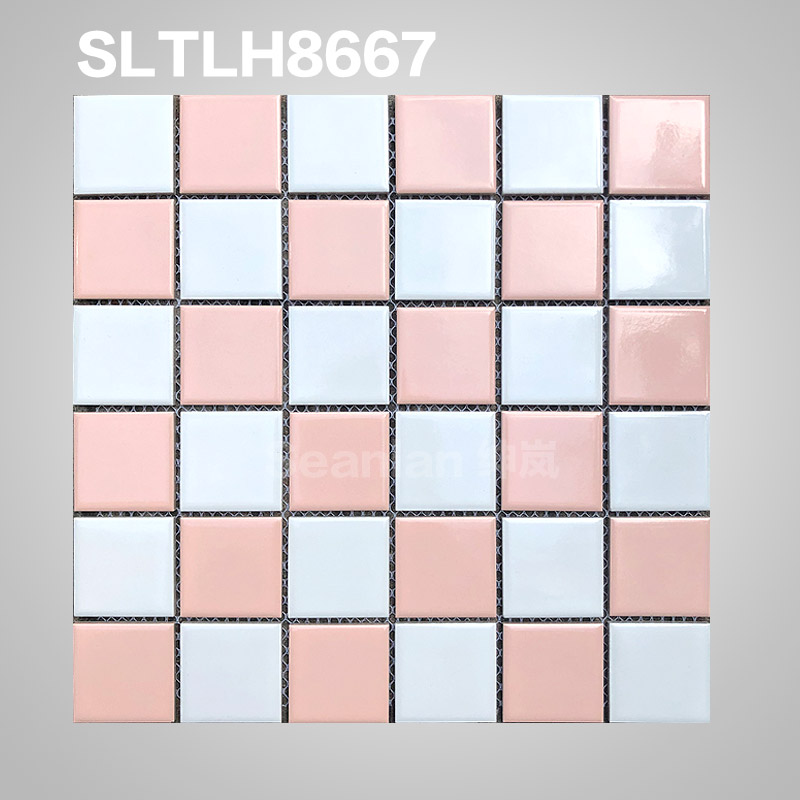 粉色和白色48陶瓷马赛克 粉色泳池砖马赛克 SLT